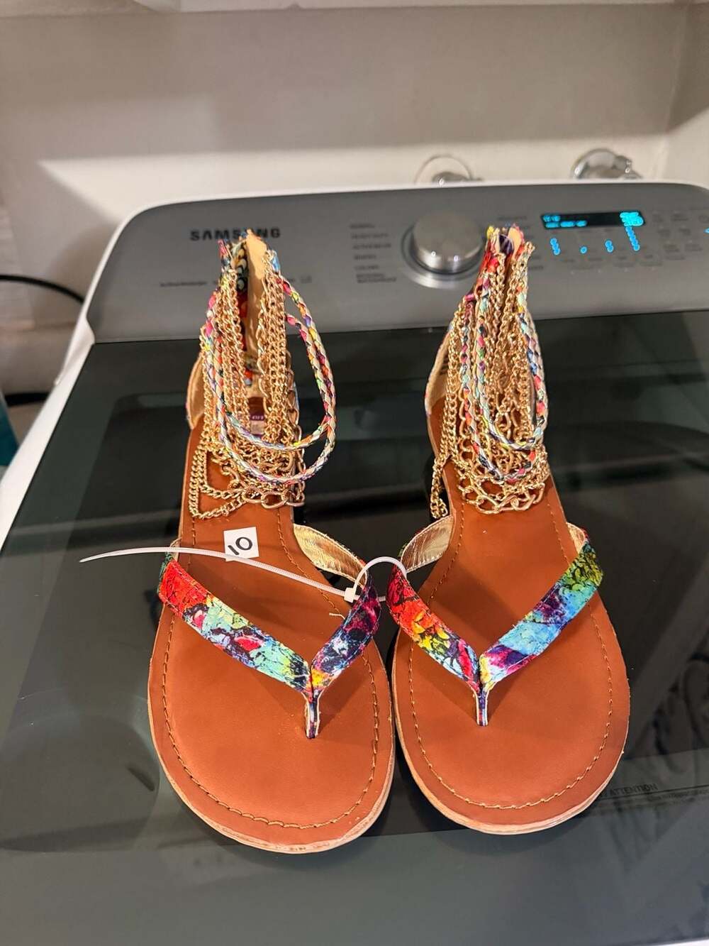 New Zigi Soho Angelic Multi-Color Floral Print Chain Ankle Wrap Sandals